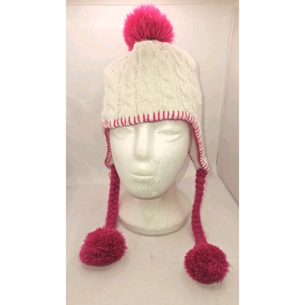 Playboy Beanie Hat Womens Puff Pom Pom Cotton Braided Tassel One Sz White Pink